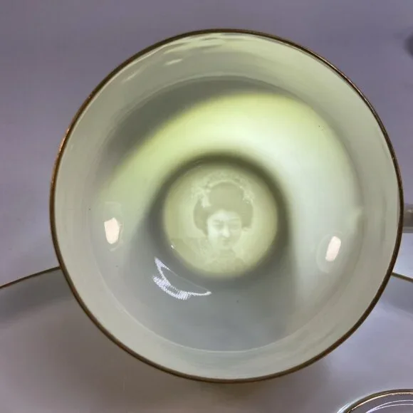 2 Kotobuki Snack Plate Shadow Geisha Tea Cup Eggshell Porcelain Floral Japan 50s